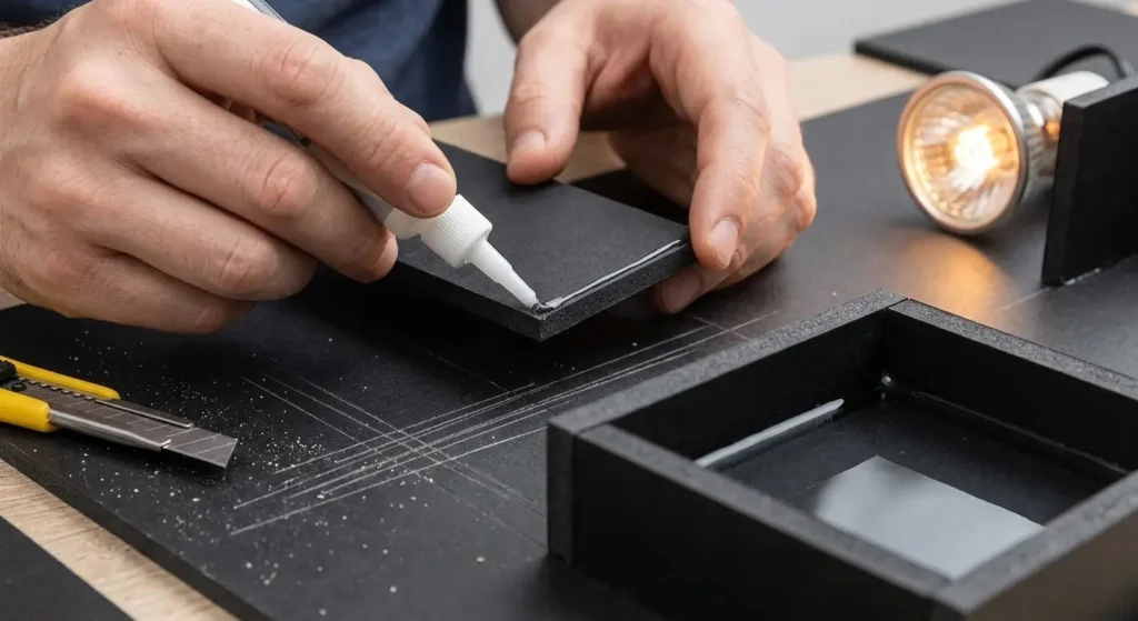 Home 9 Crafting custom model with black PVC foam board using glue and precision tools