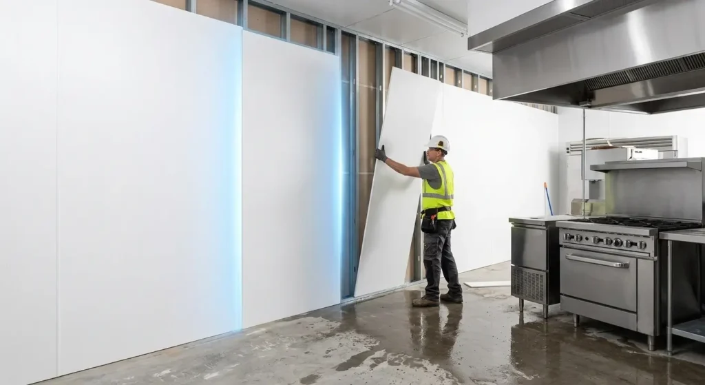 Home 5 Installer positioning fire retardant PVC wall panel in commercial kitchen