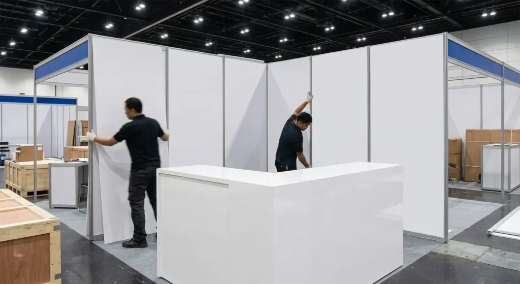 Home 8 Modular trade show booth constructed with durable white Celuka PVC panels