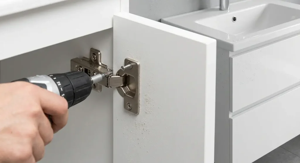 Home 4 Worker installing hinge screw on waterproof Celuka PVC cabinet door